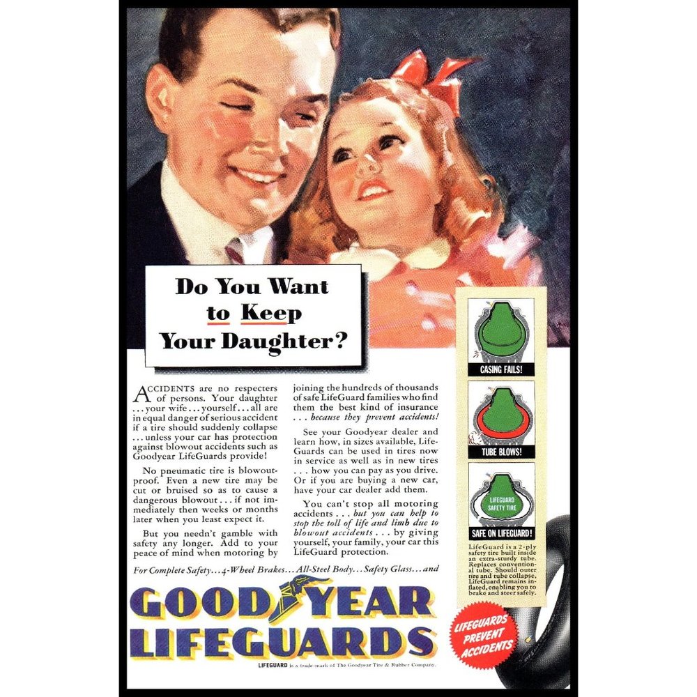 1940 Goodyear Lifeguard Tires Vintage Print Ad Father Daughter Wall Art Photo